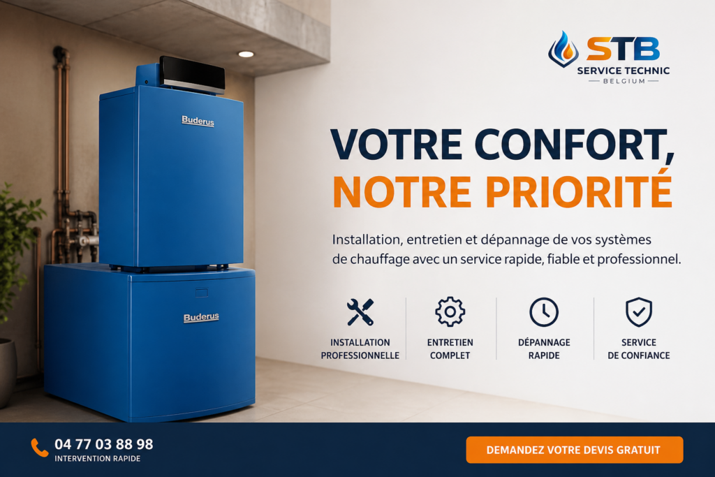 Chaudière Buderus installée par chauffagiste à Chaumont-Gistoux Service Technic Belgium