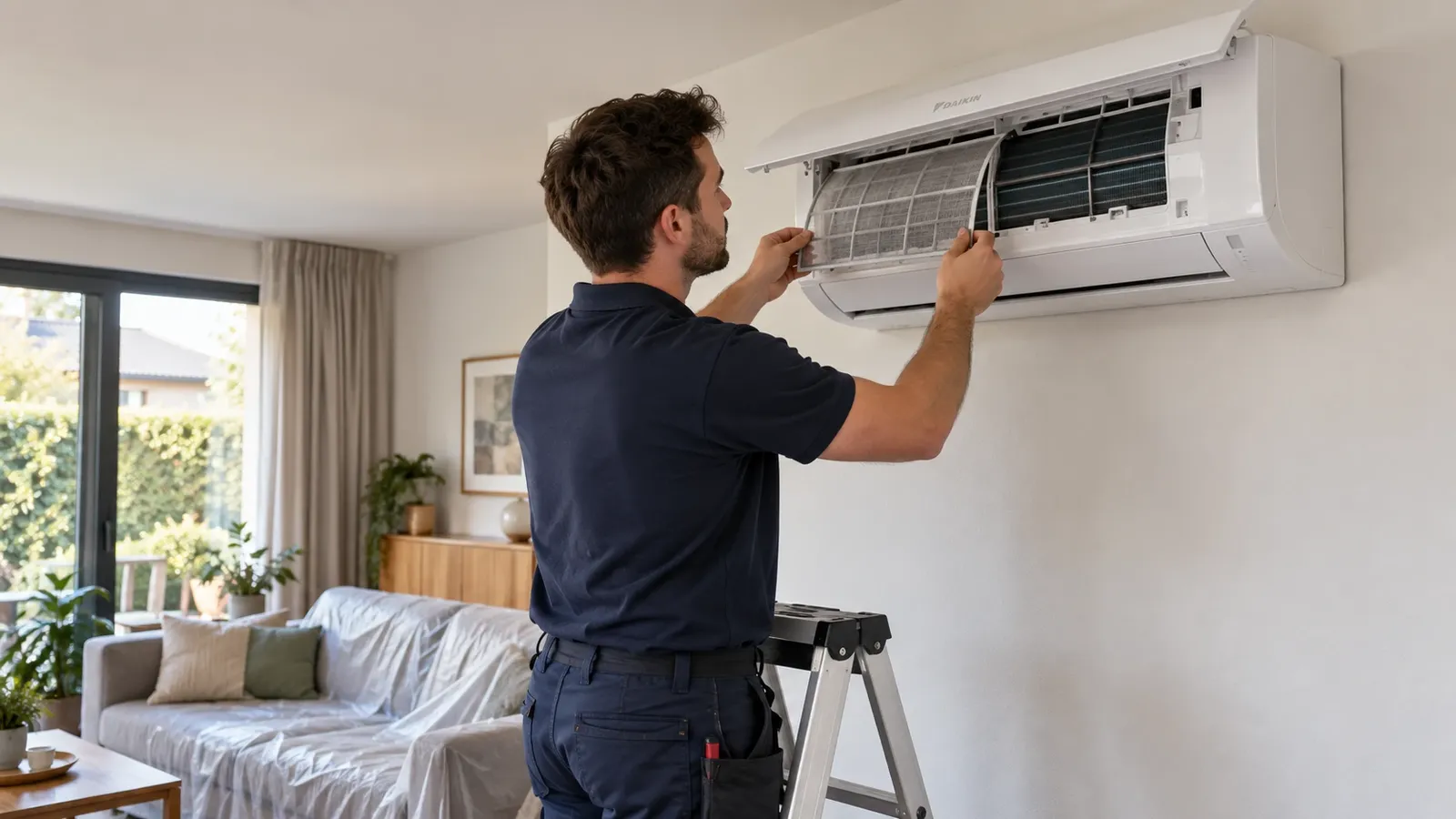Technician cleaning the filter of an air conditioner