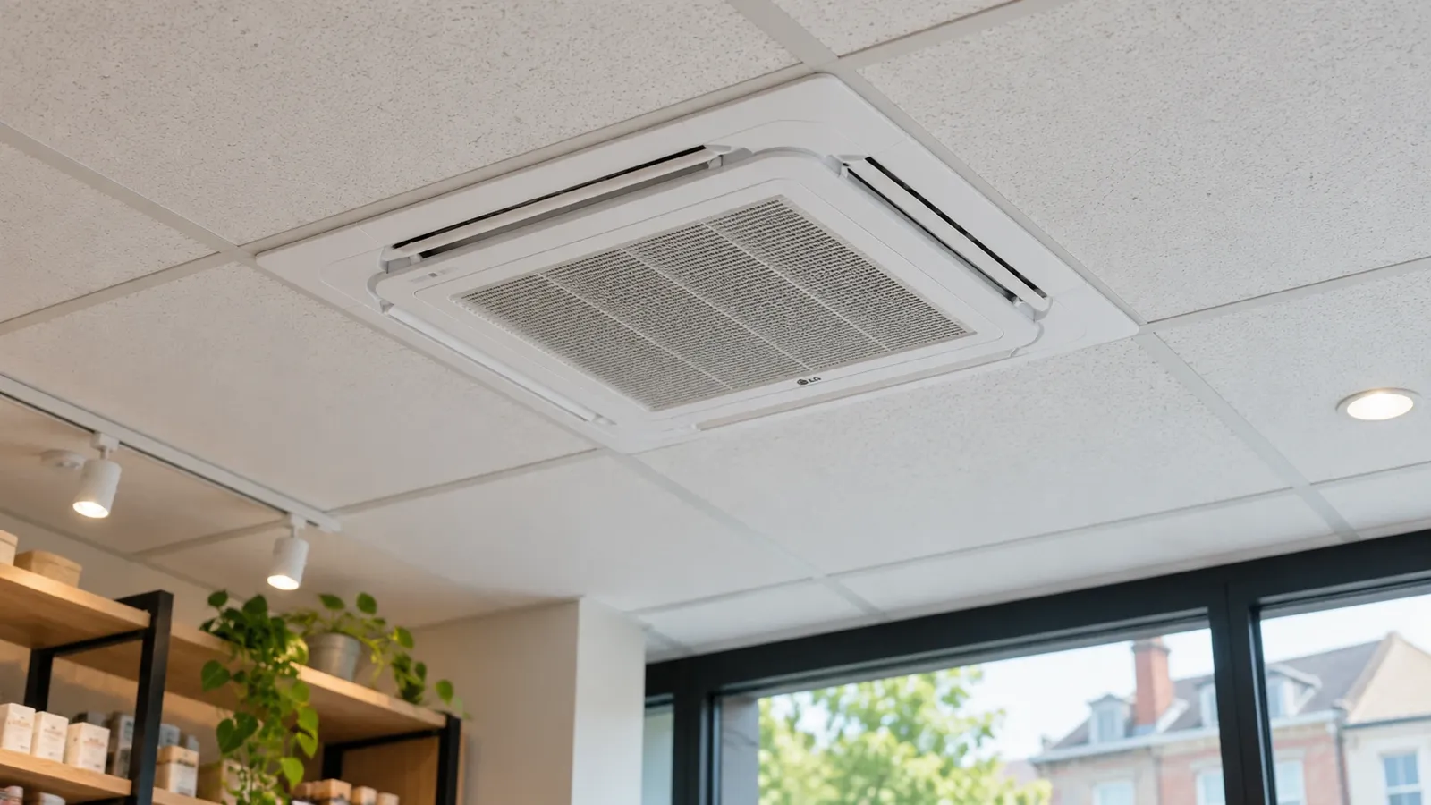 Cassette-airco ingebouwd in het plafond van een winkel