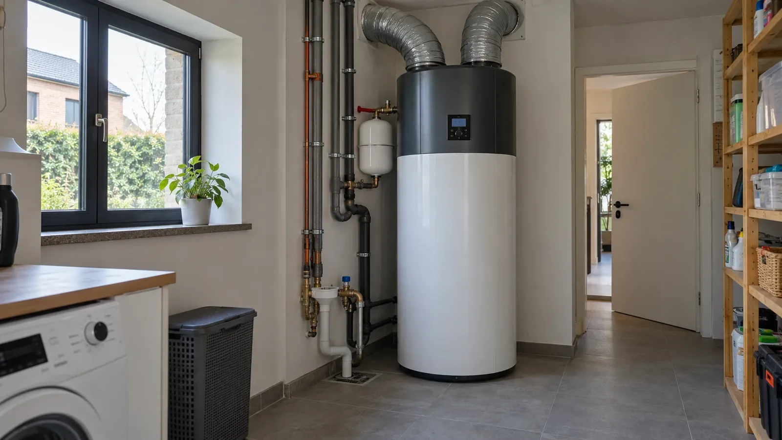 New heat pump water heater in a utility room