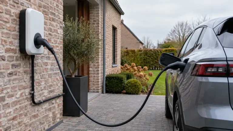 Borne de recharge pour voiture électrique installée contre une maison