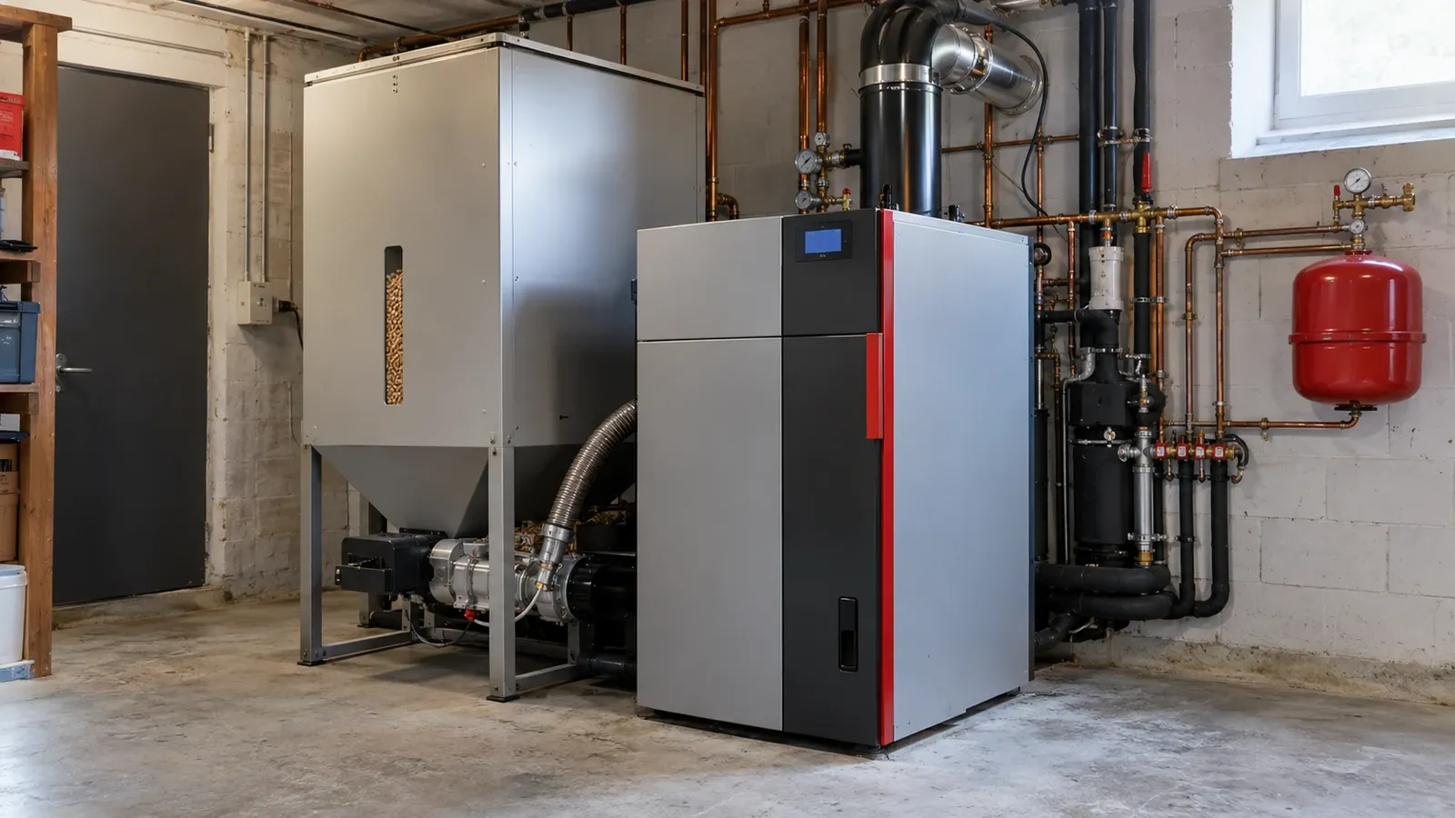 Pellet boiler with its silo in a plant room