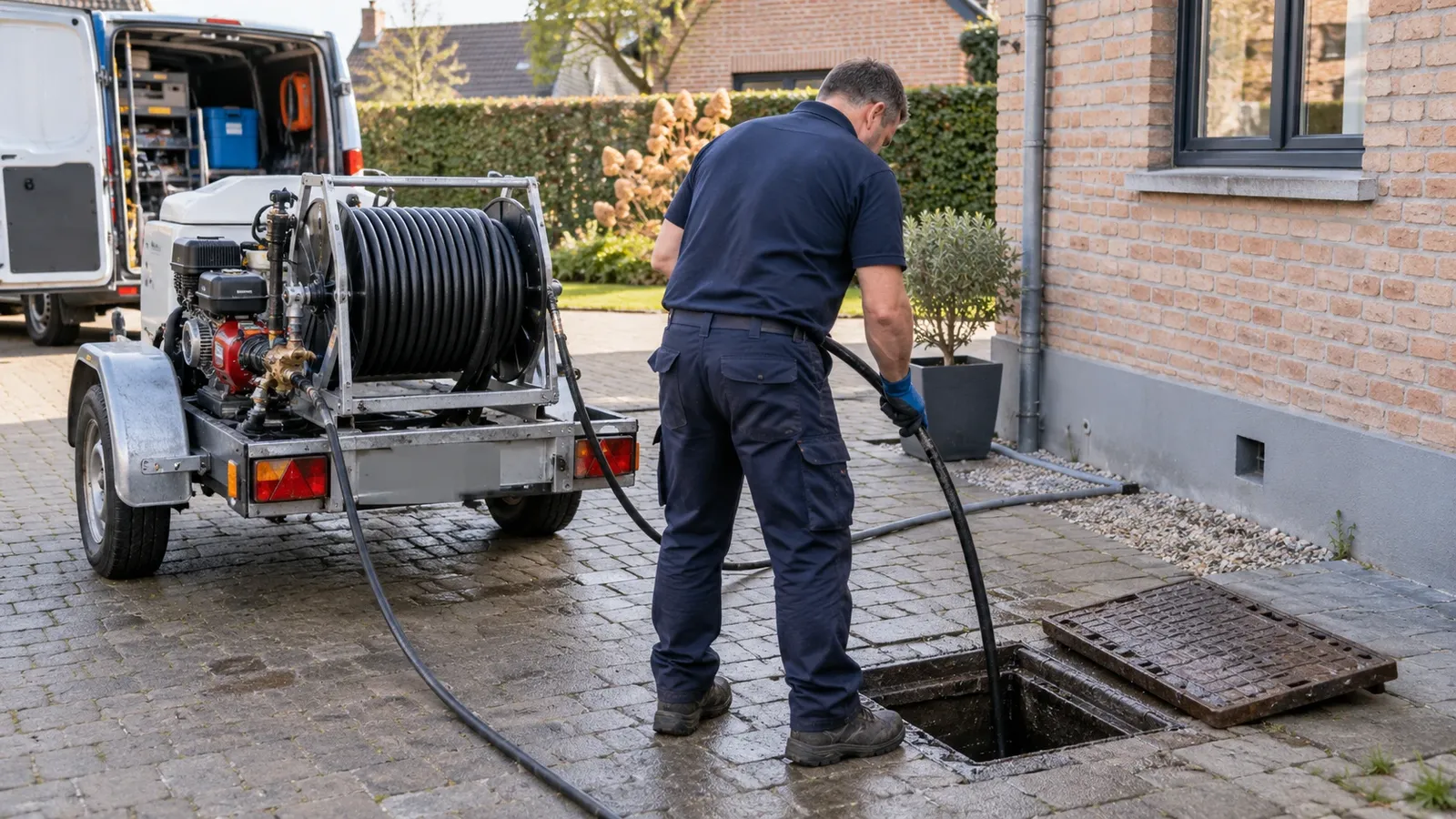 Curage d'égout avec une hydrocureuse sur remorque