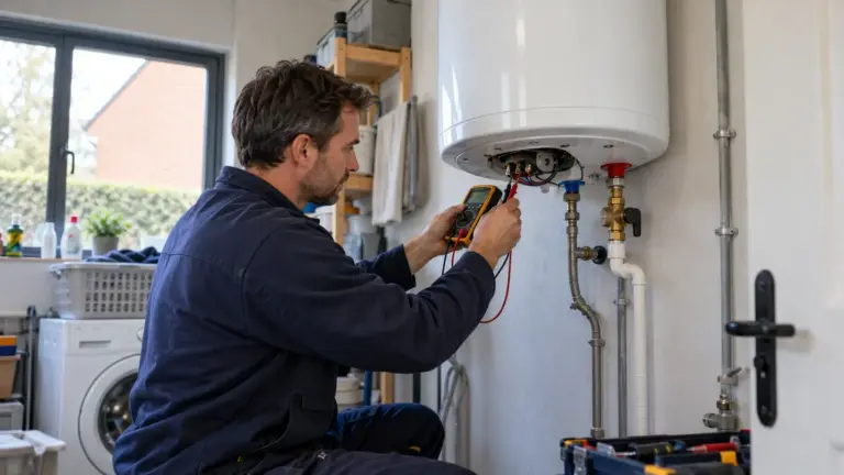 Technicien qui contrôle un boiler électrique
