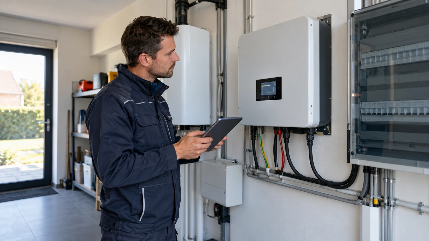 Technicien qui contrôle un onduleur photovoltaïque avec une tablette