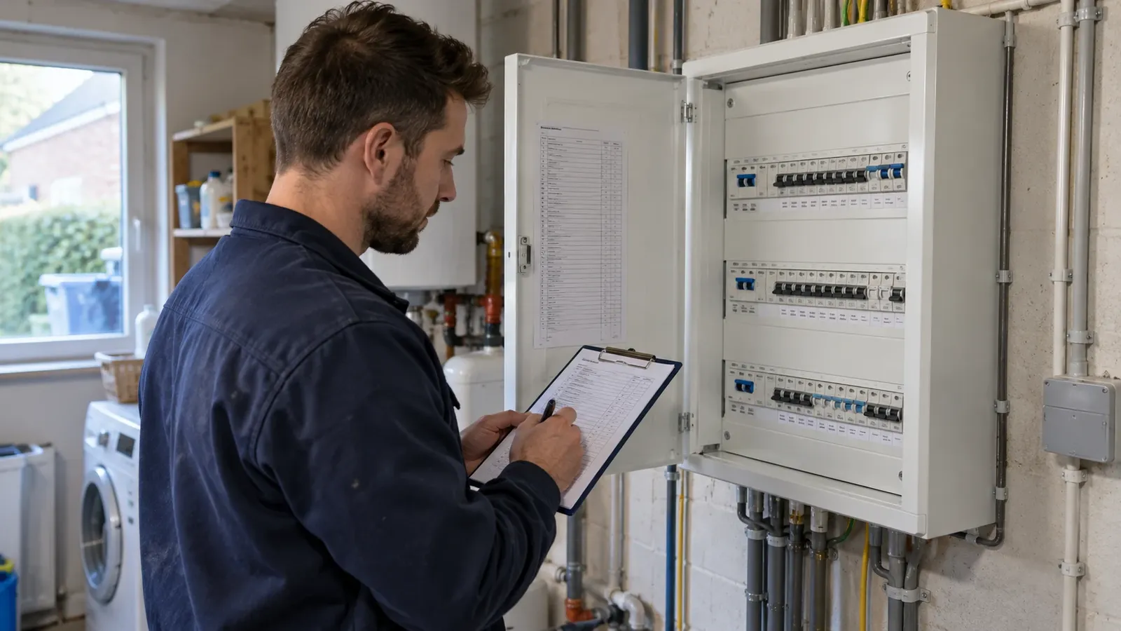 Électricien qui contrôle un tableau électrique