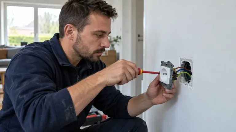 Électricien qui raccorde une prise