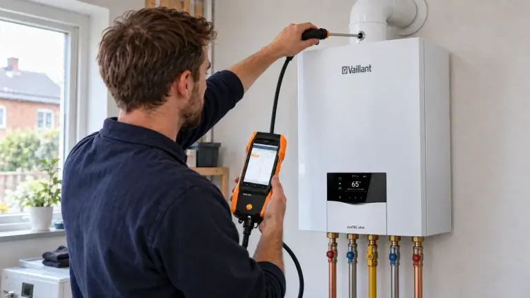 Technicien qui mesure la combustion d'une chaudière au gaz