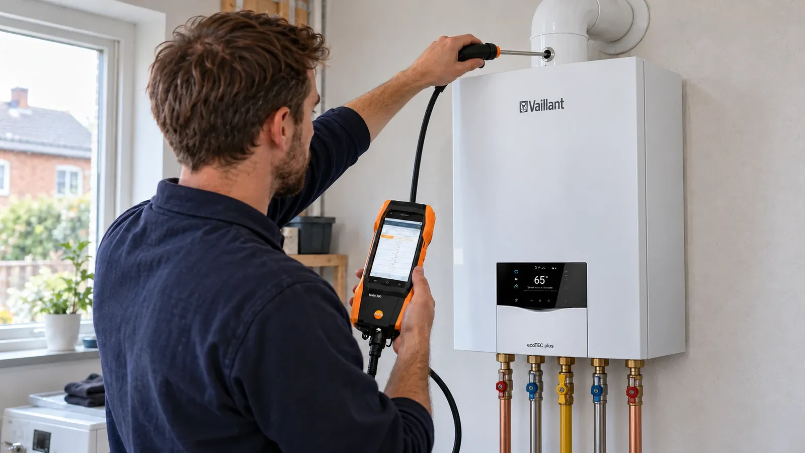 Chauffagiste qui ouvre une chaudière Vaillant pour l'entretien