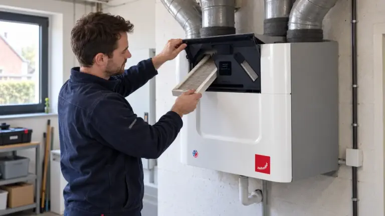 Technicien qui change le filtre d'une ventilation double flux