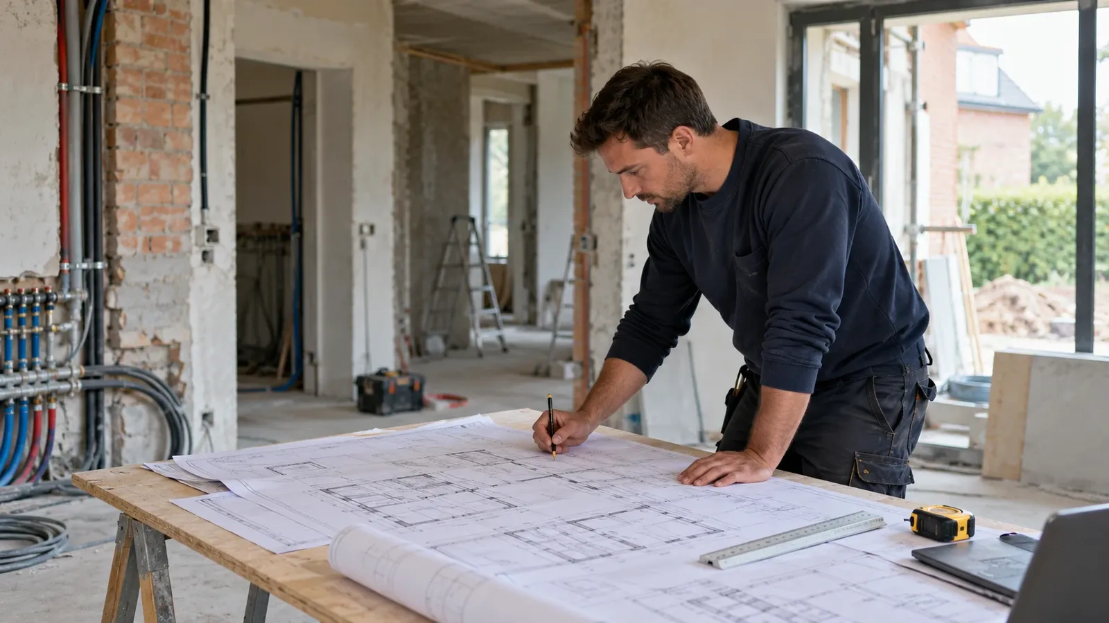 Technicien qui étudie les plans sur un chantier