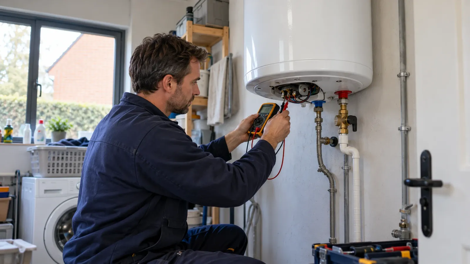 Technieker die een elektrische boiler herstelt