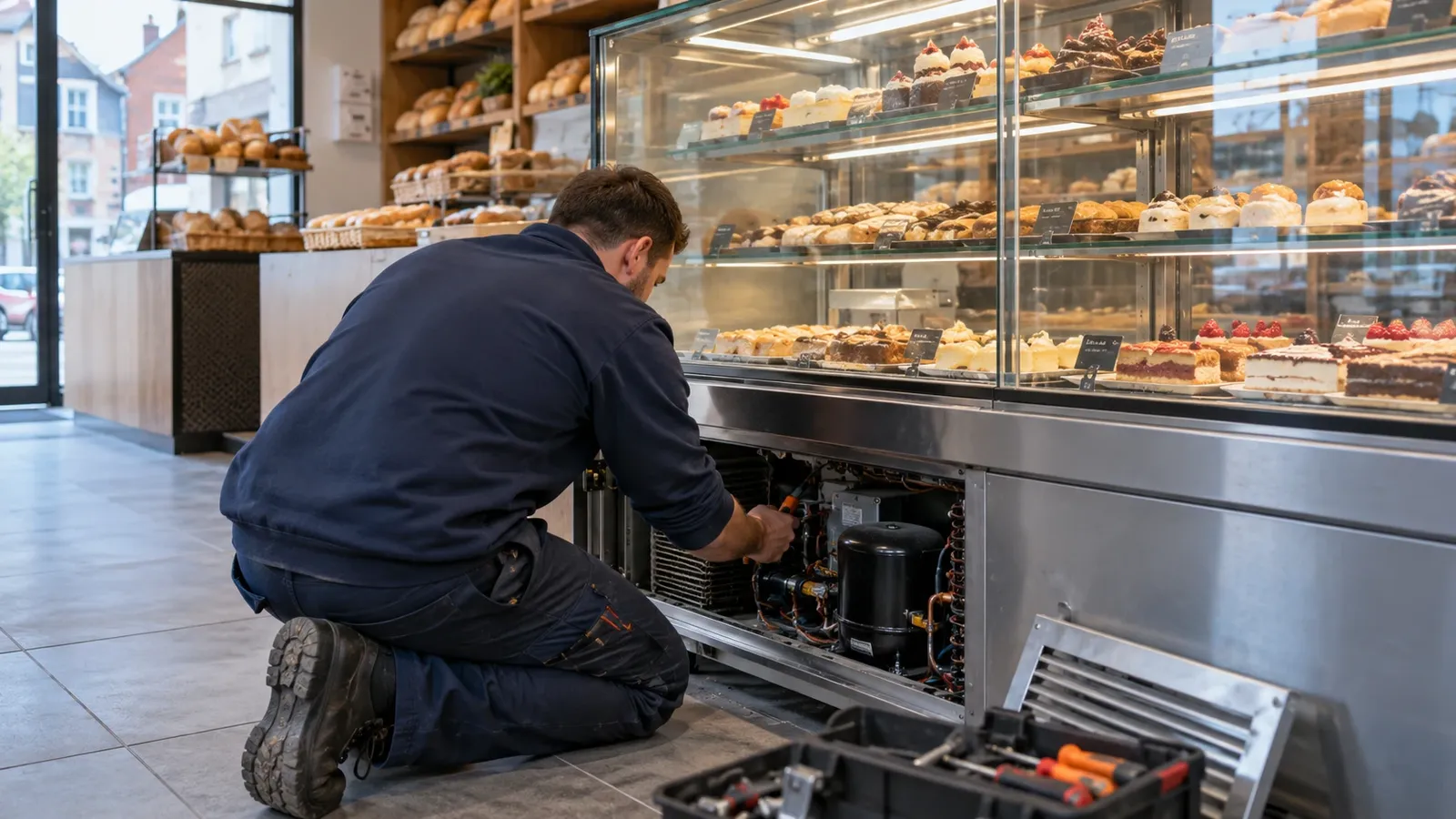 Technieker aan het werk aan een koelvitrine in een winkel