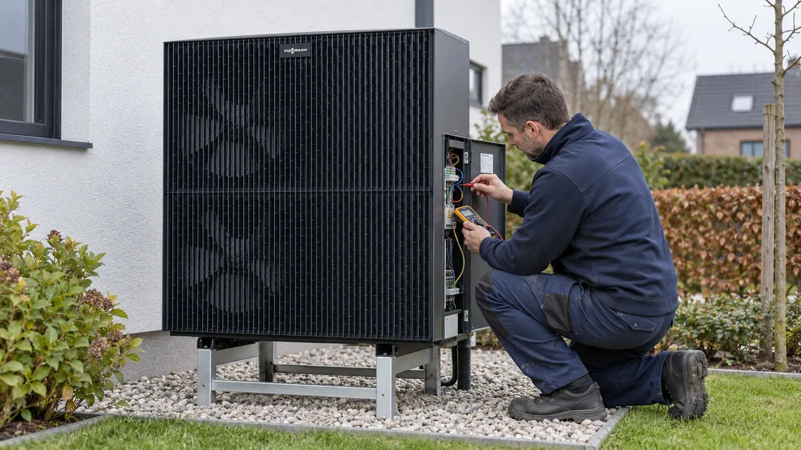 Technieker die een warmtepomp herstelt