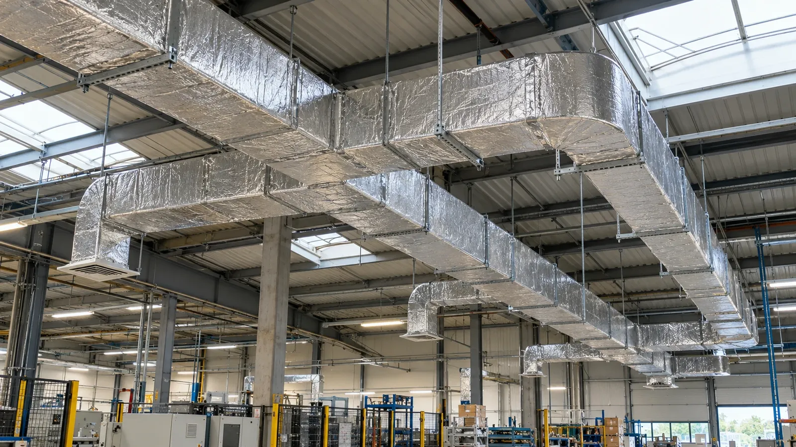 Industriële ventilatiekanalen in een werkplaats