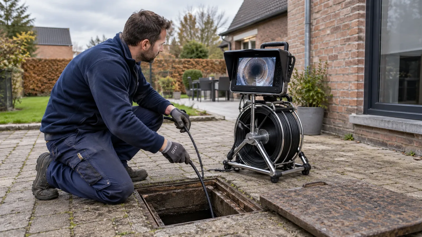 Inspection caméra d'un égout avec l'écran de contrôle