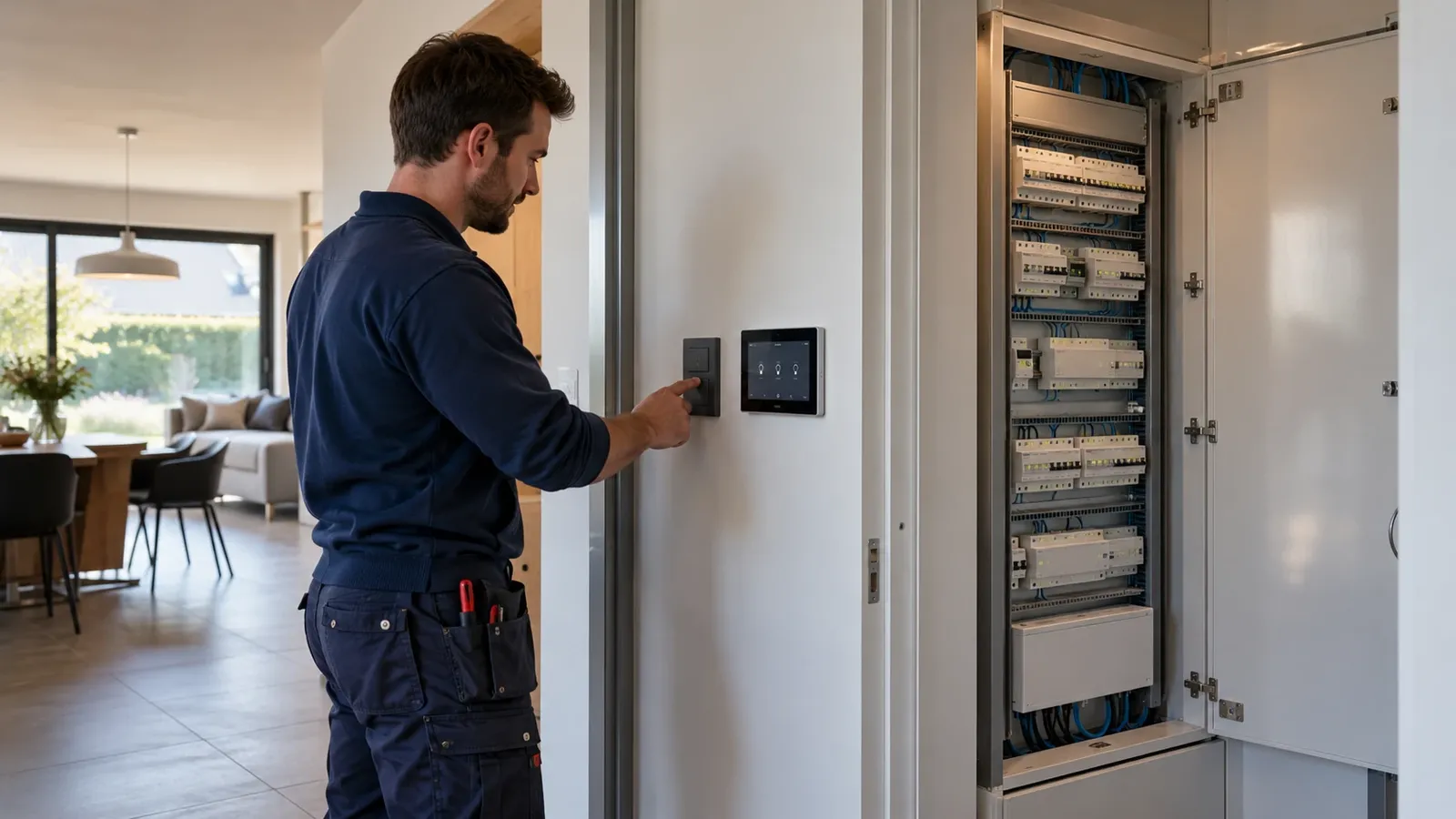 Elektricien die een domotica-installatie met touchscreen instelt