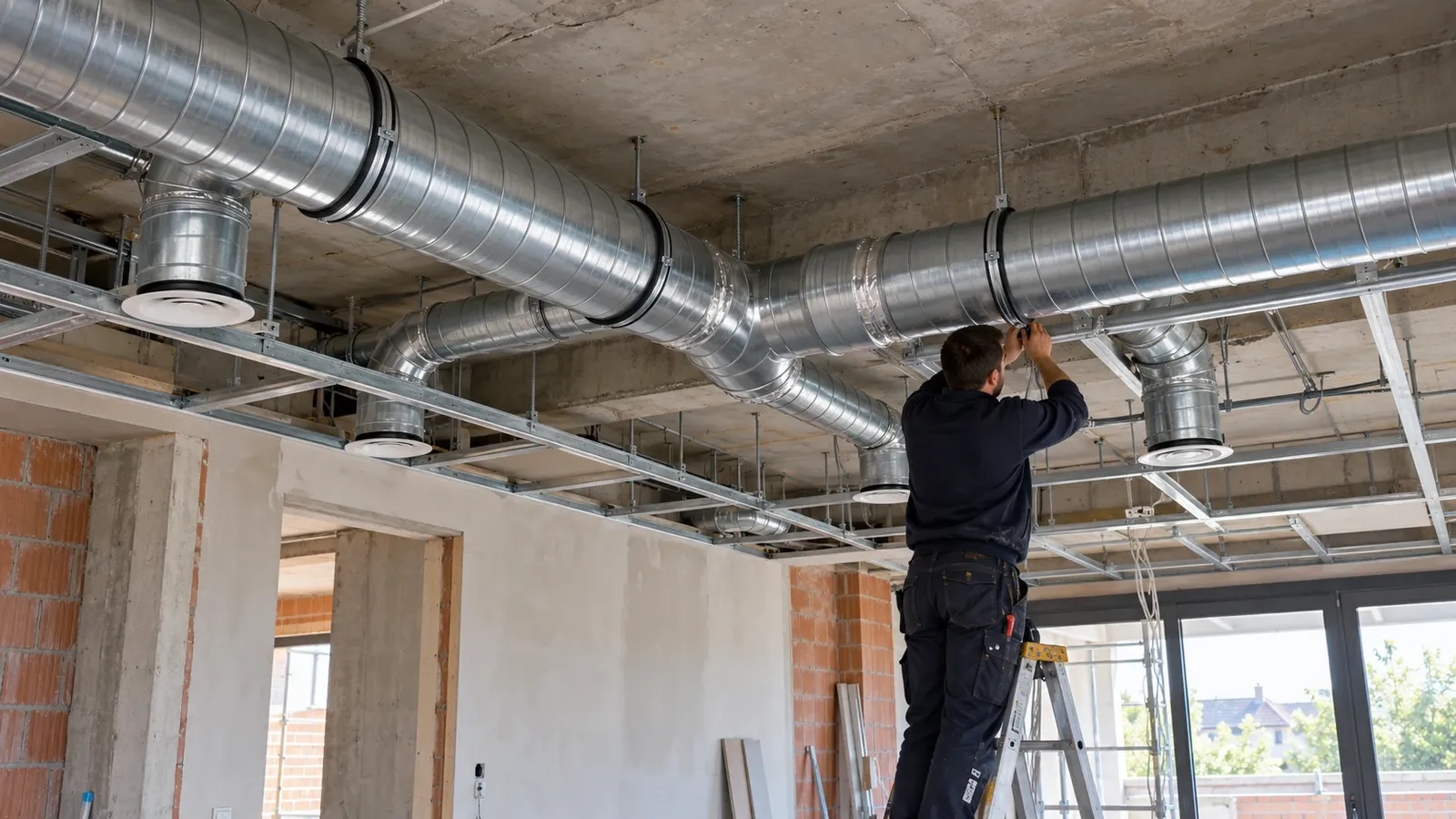 Technieker die ventilatiekanalen in een vals plafond plaatst