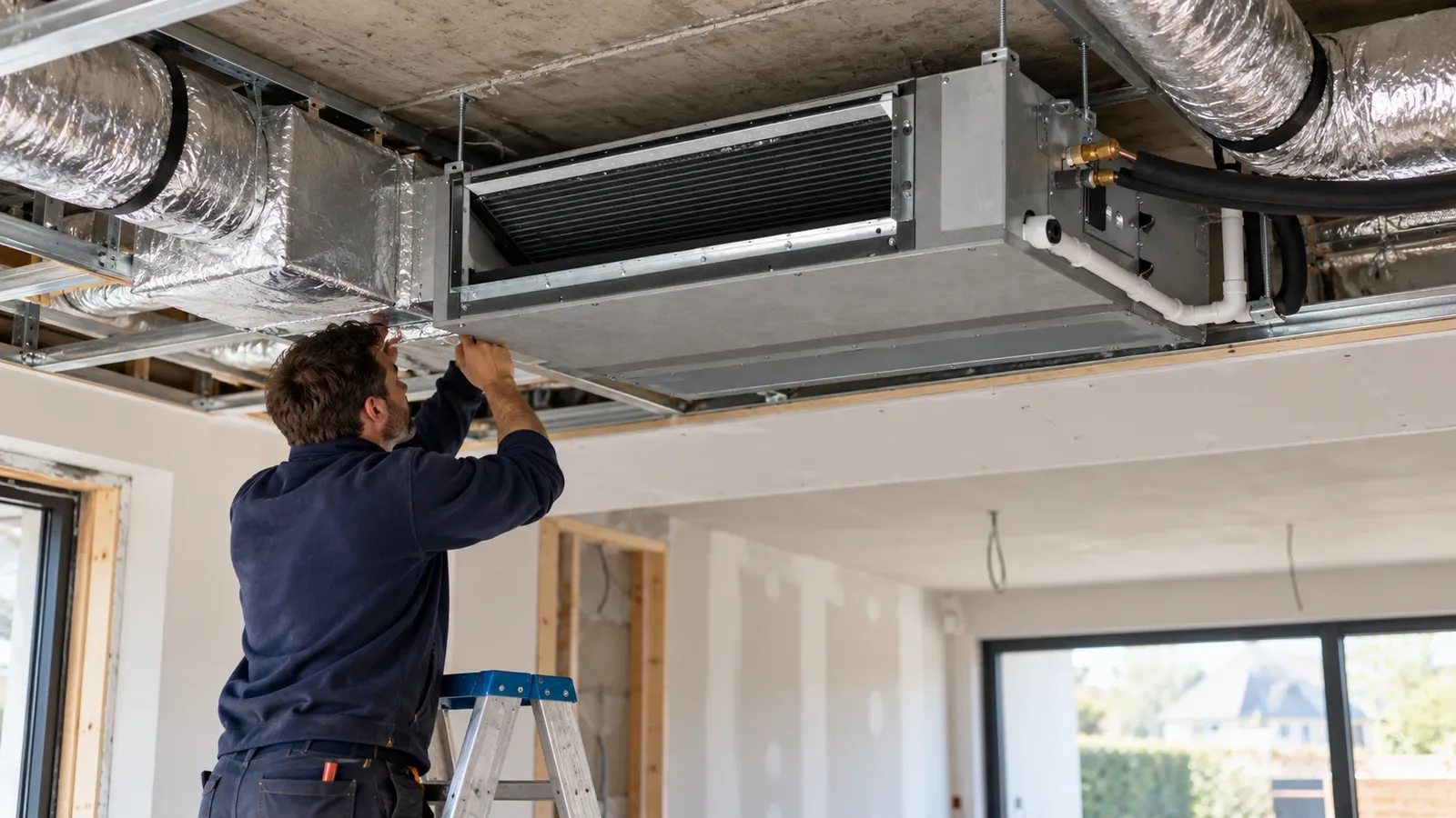 Technician fitting ducted air conditioning in a suspended ceiling