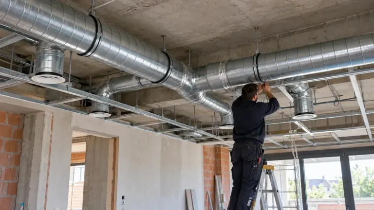 Technicien qui installe des gaines de ventilation dans un faux plafond