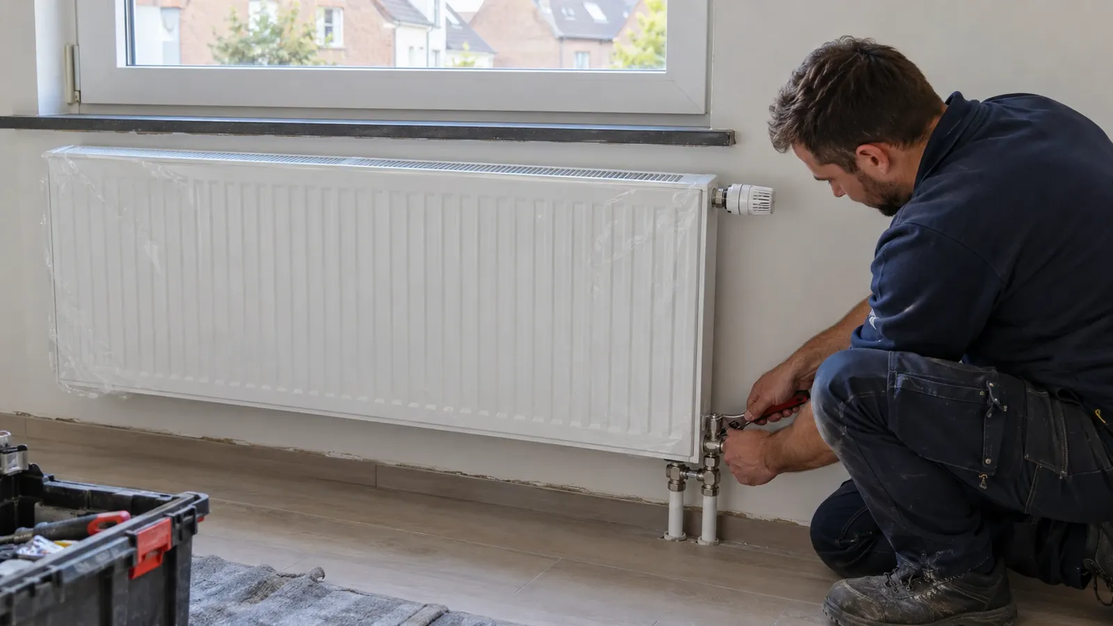 Heating engineer connecting a new radiator