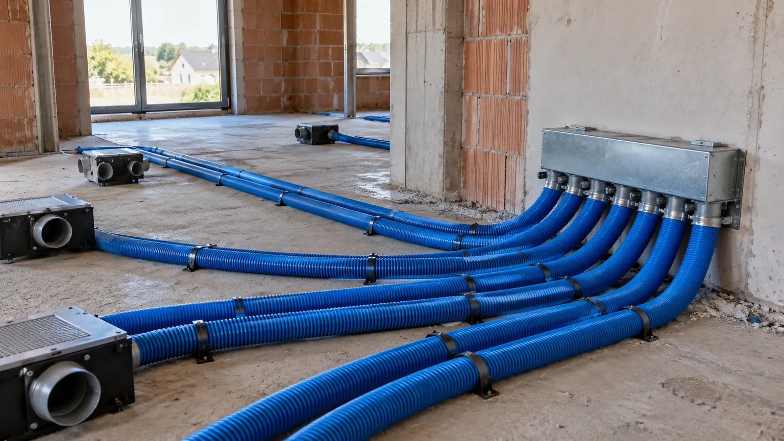 Kanalen van een ventilatiesysteem D op een werf