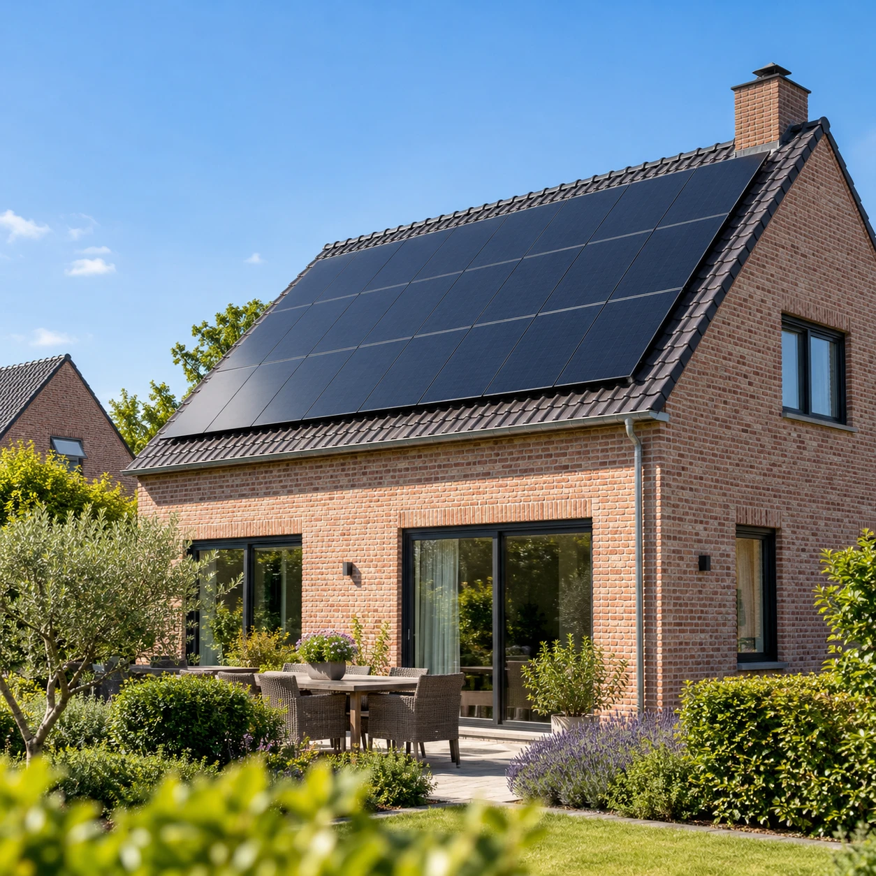 Maison en briques avec des panneaux solaires sur le toit, vue du jardin