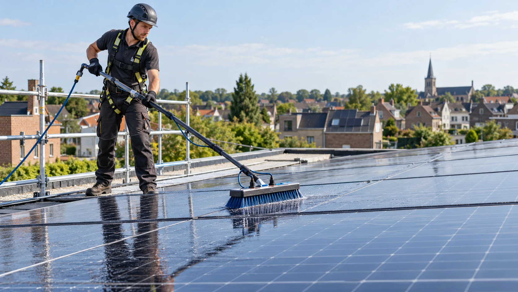 Nettoyage de panneaux solaires à l'eau douce et à la brosse souple
