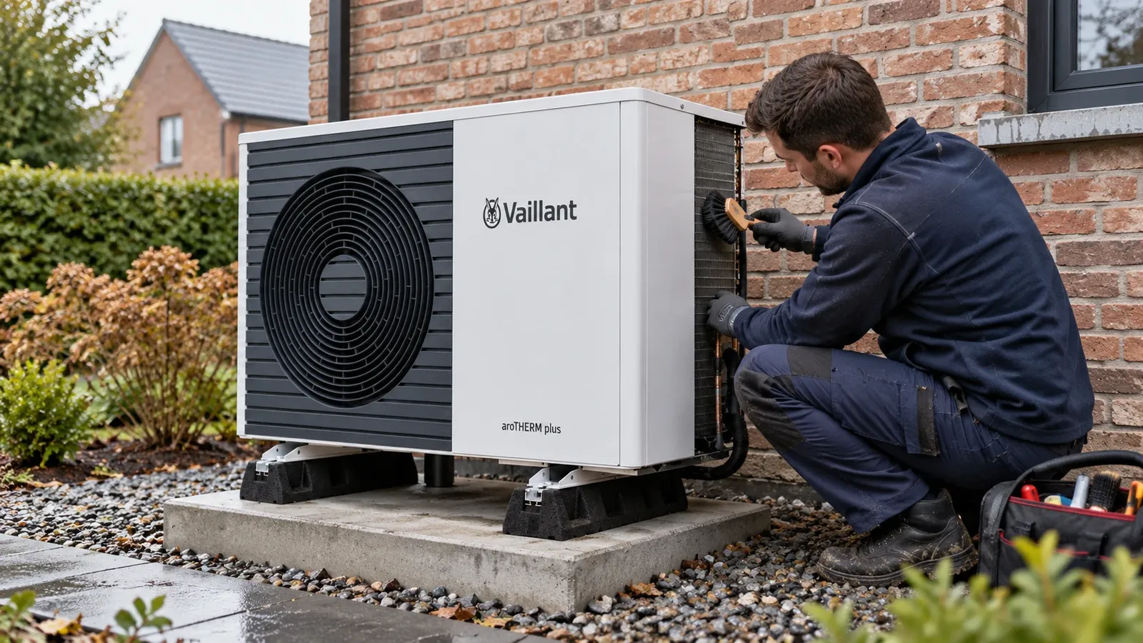 Technieker die de warmtewisselaar van een warmtepomp reinigt