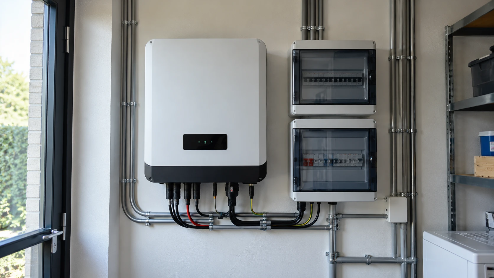 Onduleur photovoltaïque et coffrets de protection fixés au mur d'un garage