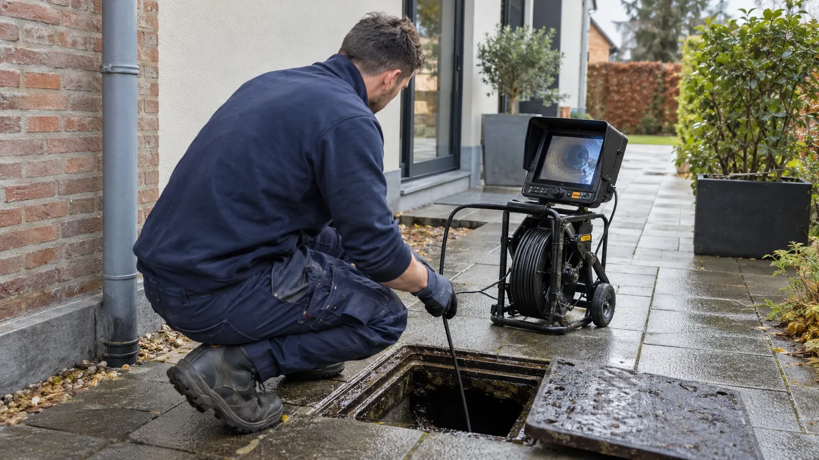 Ontstopper die een leiding inspecteert met een camera