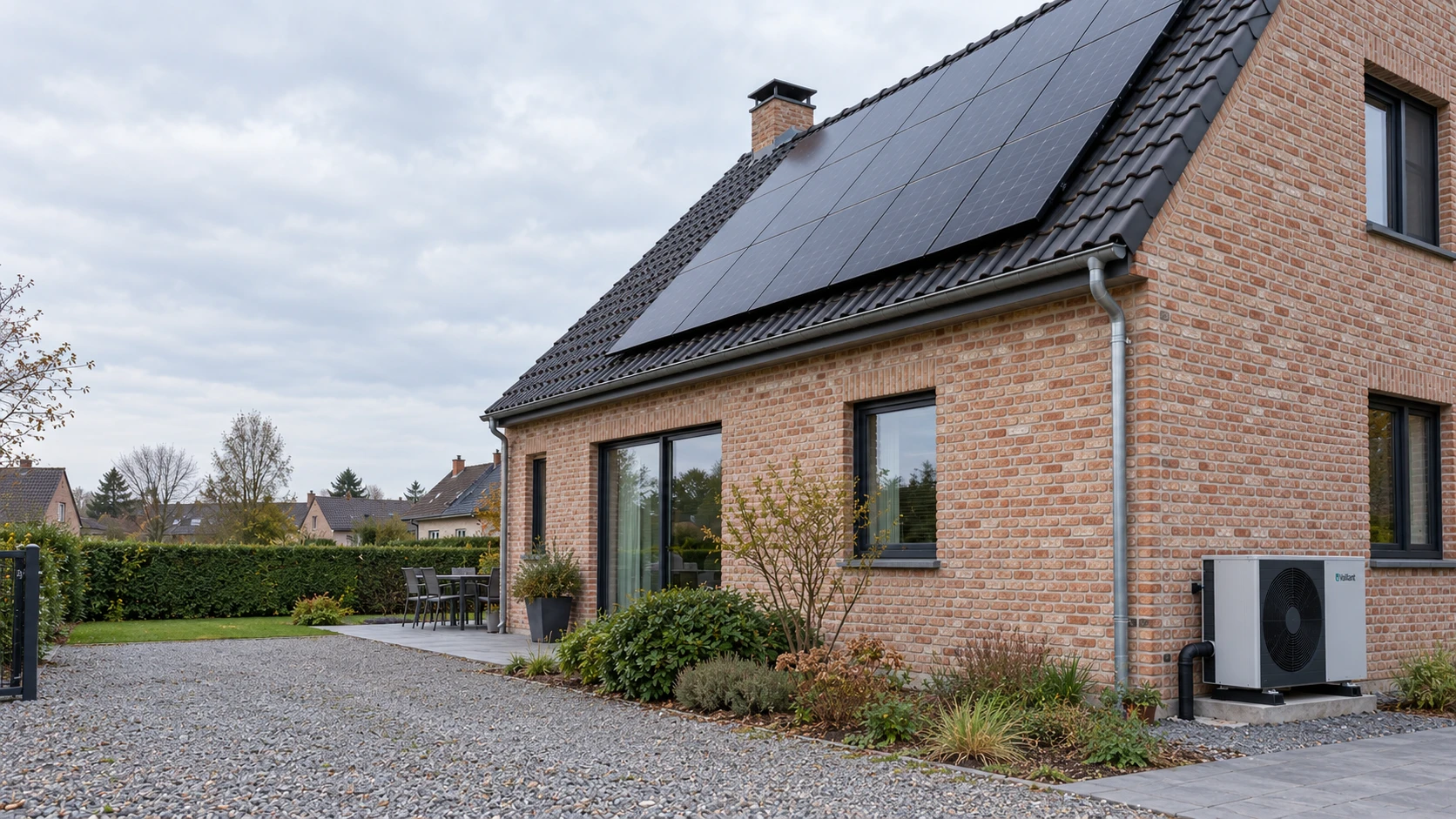 Maison en briques avec des panneaux solaires sur le toit et l'unité extérieure d'une pompe à chaleur