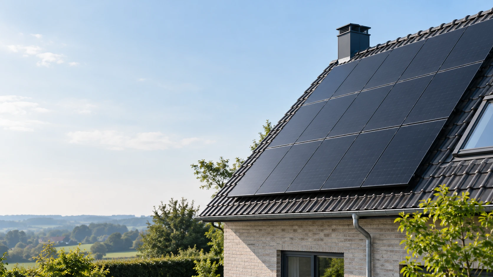 Panneaux solaires noirs posés sur le toit en tuiles d'une maison