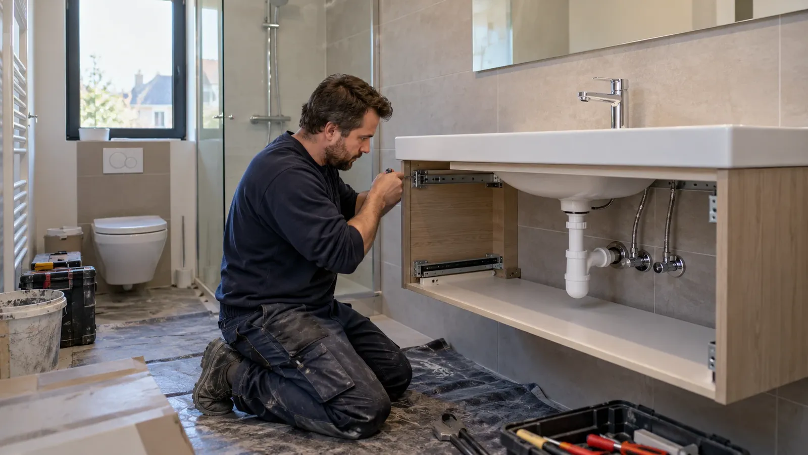 Plumber assembling a wall-hung vanity unit