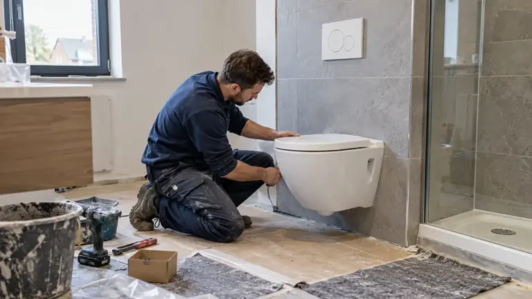 Plombier qui pose un WC suspendu
