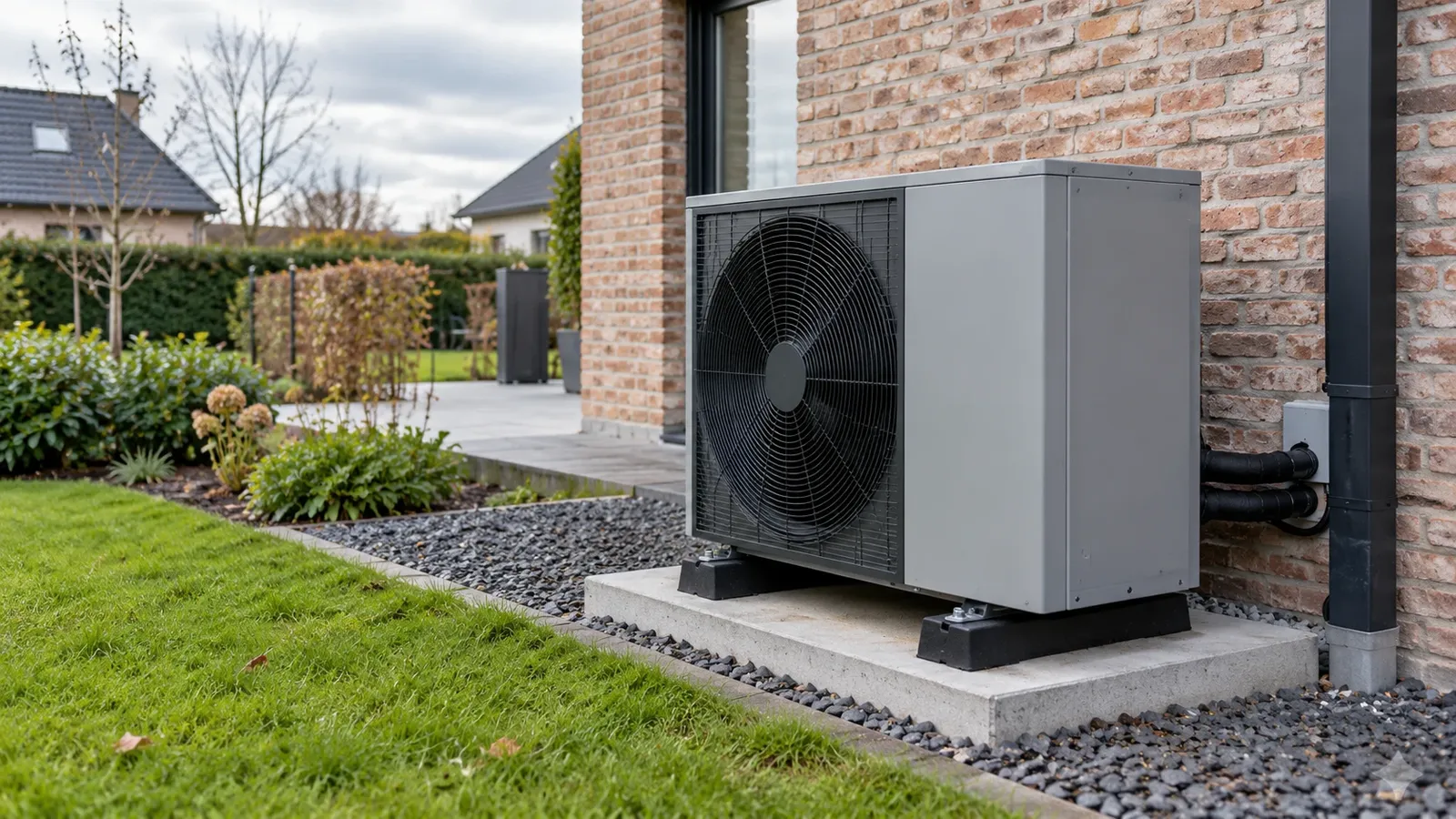 Air-to-water heat pump installed against a house