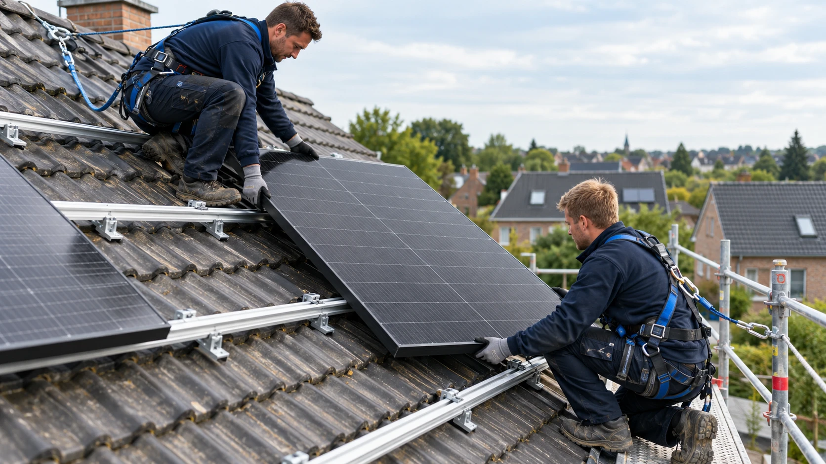 Deux techniciens posent des panneaux solaires sur des rails, toit en tuiles