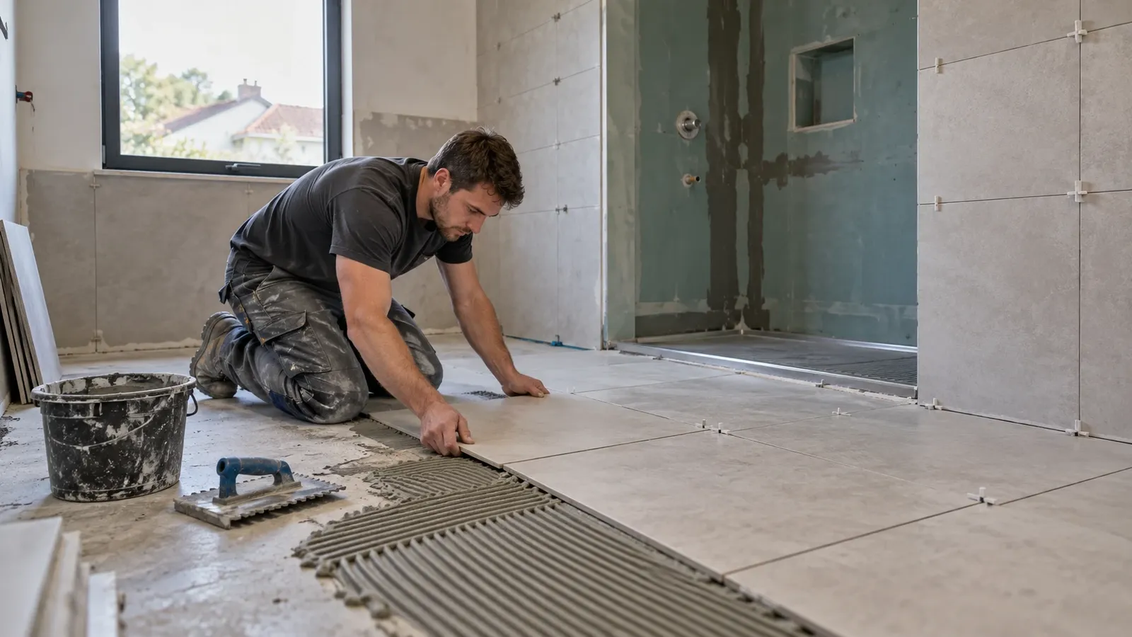 Tegels leggen in een badkamer in renovatie