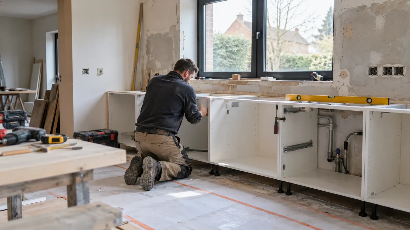 Plaatsing van keukenmeubels tijdens een renovatie