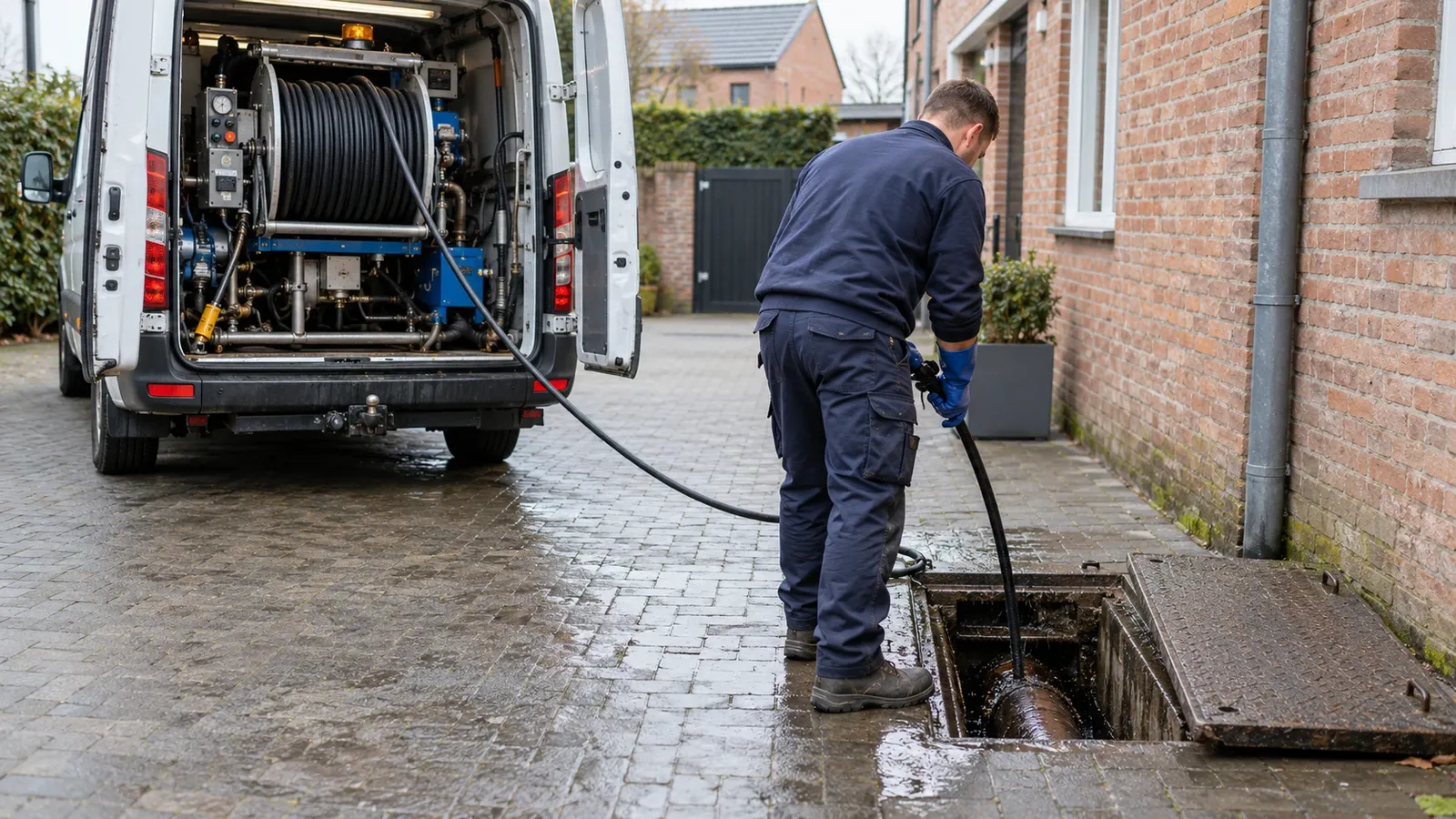 Zuig- en spoelwagen aan het werk bij een inspectieput