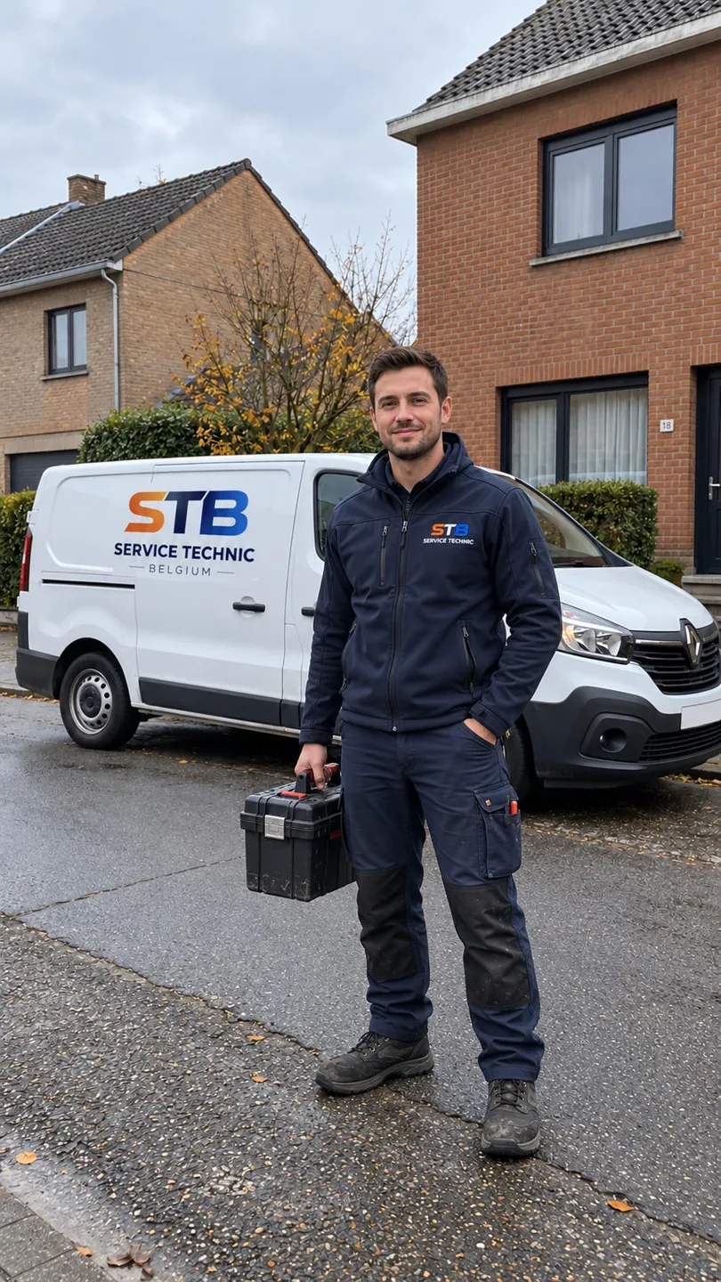 Technieker van Service Technic Belgium bij zijn bestelwagen